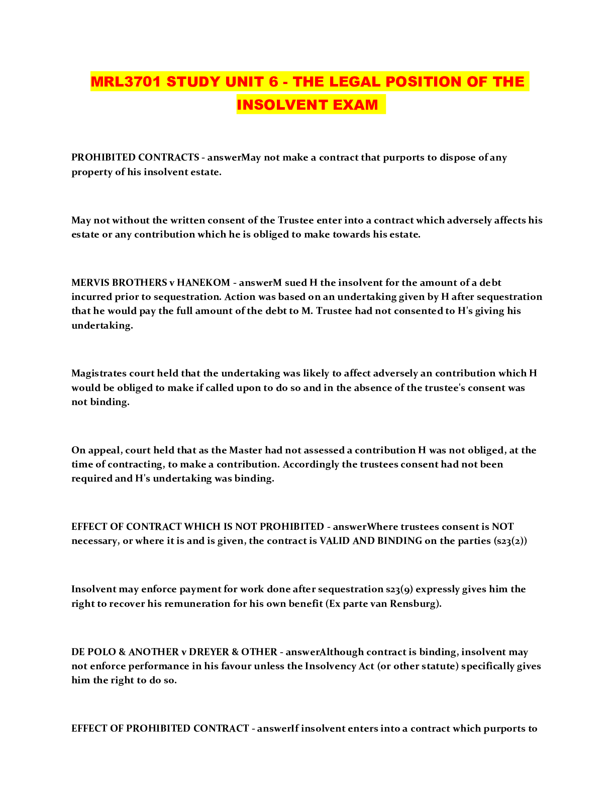 Preview of MRL3701 STUDY UNIT 6 - THE LEGAL POSITION OF THE INSOLVENT EXAM